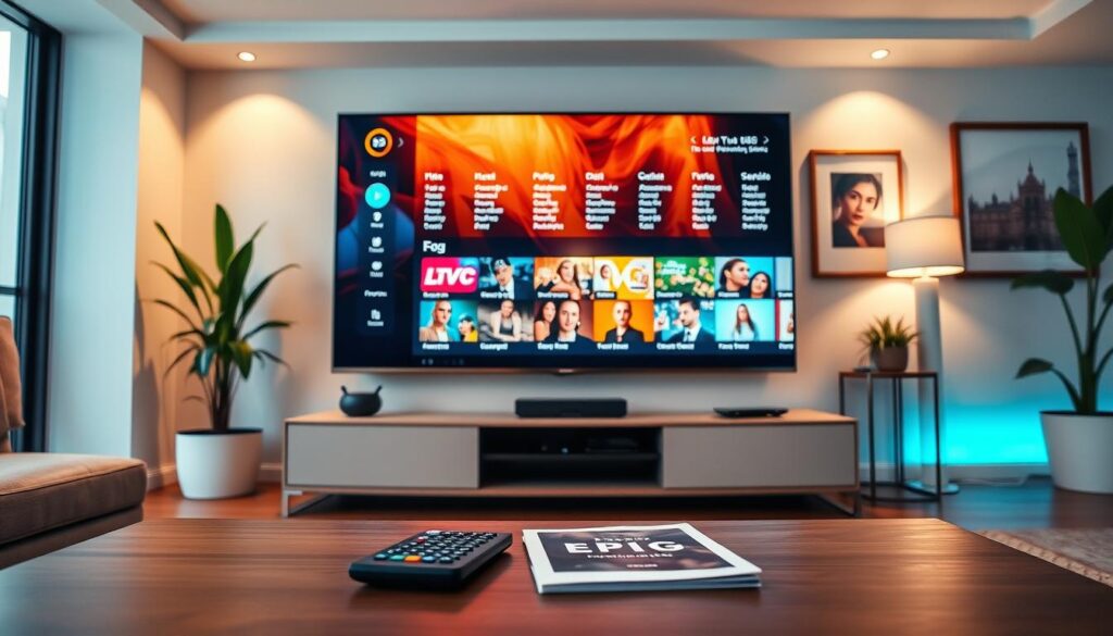 A modern living room featuring a large Smart TV displaying the Electronic Program Guide (EPG) interface with vibrant program listings and colorful thumbnails. The foreground includes a sleek coffee table with a remote control and a guide booklet. In the middle ground, the TV is mounted on a stylish wall with ambient lighting that highlights the screen's content. The background features a comfortable sofa, stylish artwork, and houseplants that create a cozy atmosphere. Soft, warm lighting fills the scene, evoking a welcoming and tech-savvy environment. The angle is slightly from below, emphasizing the TV screen while capturing the elegance of the room. The overall mood is informative and engaging, perfect for illustrating smart technology usage in everyday life.