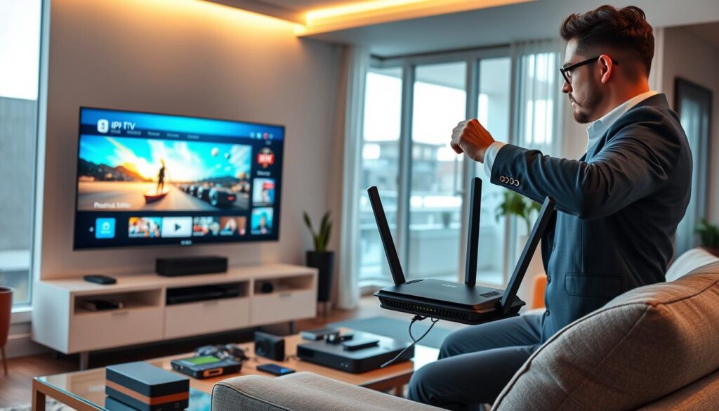 A modern living room scene, showcasing a sleek, high-end 4K television displaying vibrant IPTV streaming content on the screen. In the foreground, a professional-looking man adjusting a Wi-Fi router with multiple antennas, dressed in smart casual attire, symbolizing the optimization of internet connection. The middle ground features a stylish coffee table cluttered with tech gadgets, while the background contains large windows with natural light streaming in, casting a warm glow throughout the room. Soft ambient lighting enhances the atmosphere, evoking a sense of comfort and modern technology. The focus is on clarity and detail, emphasizing the importance of maximizing connection for a seamless 4K viewing experience.
