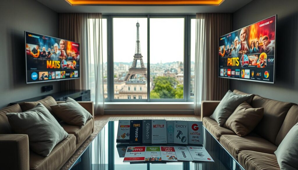 A modern living room setting designed for a sophisticated viewing experience. In the foreground, a sleek, stylish TV mounted on the wall displays colorful IPTV content in striking 4K resolution. A comfortable sofa is arranged facing the TV, adorned with cozy cushions. On a glass coffee table, various subscription packages are artistically laid out, represented by vibrant icons and illustrations, symbolizing flexibility in plans. In the middle ground, a window reveals a beautiful view of the Paris skyline, indoors illuminated by soft, natural light. The atmosphere is inviting and contemporary, suggesting a blend of technology and comfort, perfect for enjoying quality entertainment at home. No people are present, emphasizing the focus on the IPTV subscription options and the stylish environment.