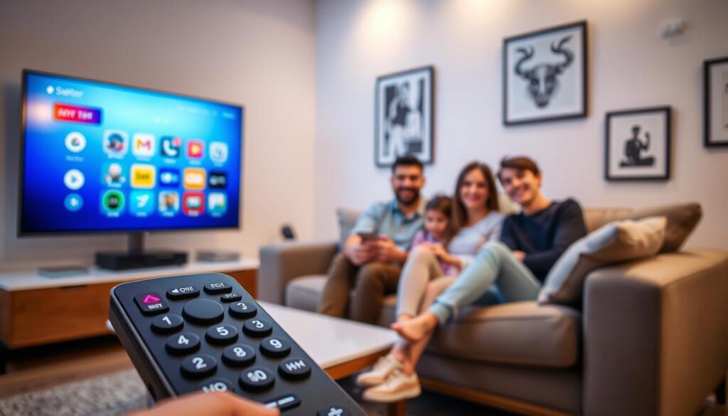 A modern living room setting featuring a Smart TV displaying the IBO Player interface, showcasing the quick zapping feature. In the foreground, a remote control with vibrant buttons symbolizes user interaction. In the middle ground, a family of four sits comfortably on a stylish sofa, dressed in casual clothing, with bright expressions as they enjoy effortless channel surfing. The background has a well-decorated wall with artwork, and the room is illuminated by soft, warm lighting that creates a cozy, inviting atmosphere. The lens effect captures the scene in a slightly wide-angle view, enhancing the sense of space and warmth in this engaging family moment.