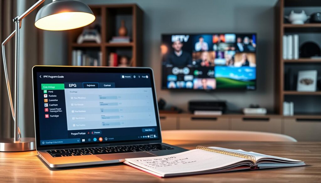 A modern workspace showcasing the configuration guide for Electronic Program Guide (EPG) setup. In the foreground, a sleek laptop with a user interface displaying EPG settings, vibrant colors and intuitive icons, alongside a notepad with neatly handwritten notes. The middle ground features a stylish desk lamp casting warm, focused light on the laptop, enhancing the tech-savvy atmosphere. In the background, a blurred display of a TV streaming various channels, hinting at IPTV usage, with an elegant bookshelf filled with technical manuals and gadgets. The overall mood is professional, innovative, and organized, capturing the essence of optimal navigation setup in IPTV applications. Soft, natural lighting emphasizes the modern aesthetic and encourages a sense of productivity.