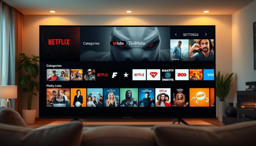 A sleek, modern IPTV interface inspired by Netflix and TiviMate, prominently displayed on a high-resolution smart TV screen. The foreground features a vibrant array of streaming categories, with visually striking thumbnails of popular shows and movies showcasing their unique cover art. In the middle, a stylish, user-friendly navigation bar allows easy access to settings and lists, designed with bold, minimalist icons. The background depicts a cozy living room ambiance, softly illuminated by warm, ambient lighting, enhancing the modern aesthetic. The perspective is from a slightly elevated angle, focusing on the screen while hinting at comfortable furniture in soft neutral tones. The overall mood is inviting and contemporary, emphasizing the contrast between modern interfaces and traditional M3U lists.