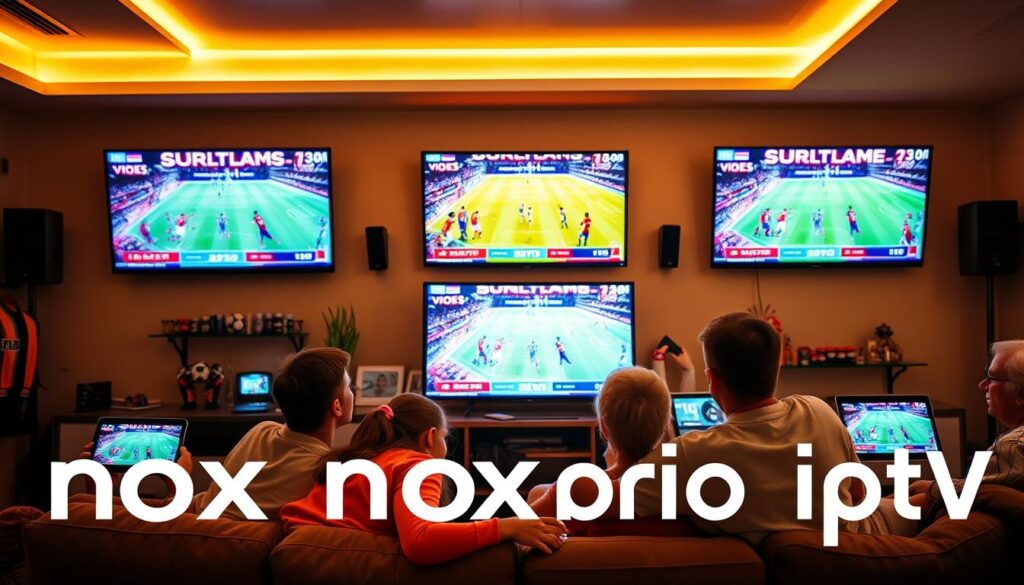 A lively home sports bar scene showcasing a multi-screen viewing setup for the World Cup matches, featuring three large high-definition TVs and a couple of tablets, each displaying different live soccer games. In the foreground, a family of four, casually dressed, is gathered on a comfortable couch, their expressions filled with excitement as they cheer for their teams. The middle layer shows the vibrant screens illuminating the room with dynamic match visuals and scores. In the background, sporting decor, like jerseys and flags, enhances the festive atmosphere. Warm lighting creates an inviting mood, while the brand name "nox pro iptv" is subtly integrated into the scene, reflecting a modern approach to family subscriptions and multi-device connections. The image captures the thrill of simultaneous sports watching and the joy of sharing the experience.