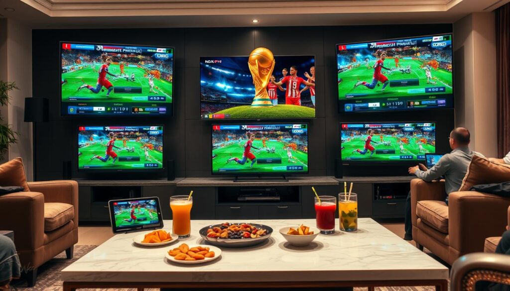 A modern, stylish living room with a multi-screen setup featuring several TVs and tablets displaying various World Cup matches simultaneously. The foreground captures an elegant coffee table adorned with snacks and drinks, while in the background, a group of friends in casual attire enthusiastically watch the games. The lighting is warm and inviting, enhancing the sports bar atmosphere at home. The TVs prominently showcase the TiviMate Premium app interface, with vivid action scenes from the matches, emphasizing the brand "nox pro iptv". The angle is slightly elevated, providing a comprehensive view of the entire setup, creating a lively and engaging mood. No text or captions included.